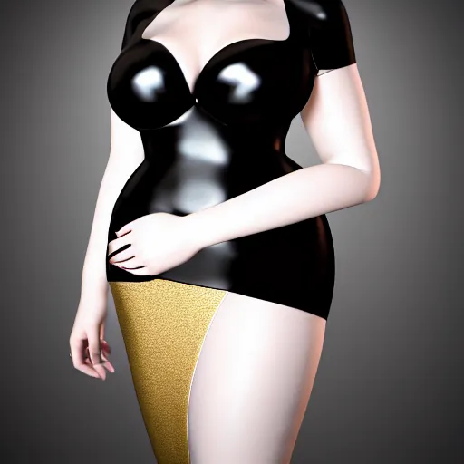 Image similar to a feminine curvy pale hot goth sweetie wearing a modest tight silver, gold, and black latex-nylon high-neck dress, dark eyeshadow, eyelashes, cgsociety, photorealistic, sublime-hyperadvanced-amorous ambience, 16k, smooth, sharp focus, trending on ArtStation, volumetric lighting, fully clothed, thin waist
