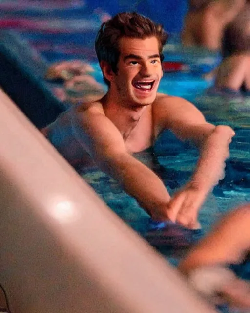 Image similar to a cursed image of andrew garfield seen from a distance in a dark, empty swimming pool with water slides, really scary, looking this way.