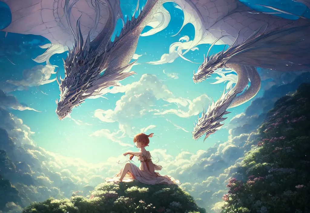 Image similar to the beautiful hyper detailed scene render that a lonely single beautiful girl lies in the arms of a huge silver dragon alone in the fairyland surrounded by white clouds, in the style of makoto shinkai victo ngai and peter mohrbacher studio ghibli artgerm karol bak beeple, cinematic, absolutely beautiful, ultra wide angle, animation style, 8 k hd