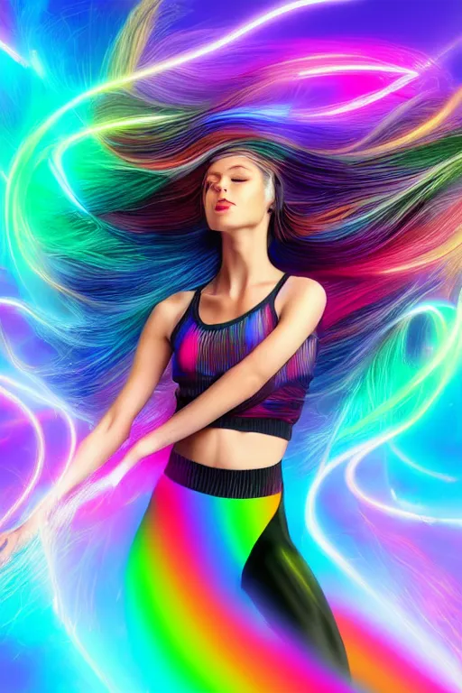 Image similar to a award winning half body portrait of a beautiful woman with stunning eyes in a croptop and leggings with reinbow colored ombre hairstyle head in motion and hair flying while dancing by thomas danthony, surrounded by whirling illuminated lines, outrun, vaporware, shaded flat illustration, digital art, trending on artstation, highly detailed, fine detail, intricate