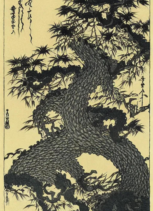 Image similar to deadly monster raising in aien forest, illustration by hokusai style