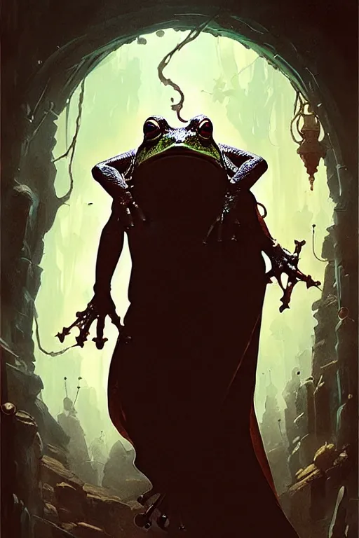 Image similar to greg rutkowski poster. frog wizard