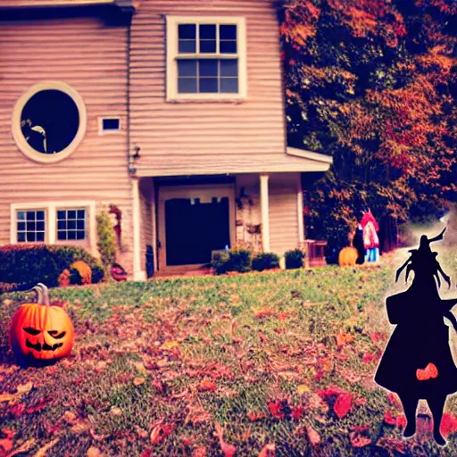 Prompt: a selfie of a woman trick - or - treating with a demon, fisheye lens photography, with a spooky filter applied, with a figure in the background, in a halloween style.