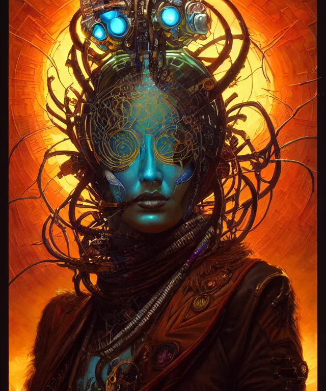 Image similar to a beautiful tarot card artwork of a cyberpunk nature shaman, backlit, highly detailed, digital painting, by karol bak and eddie mendoza and dan mumford and artgerm, vivid colors, masterpiece, detailed shading, 8 k resolution, intricate, smooth