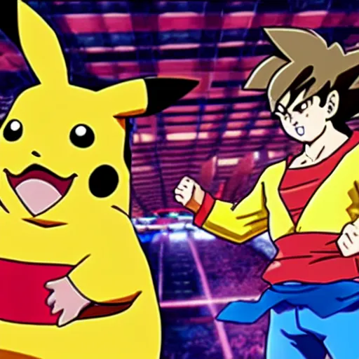 Image similar to pikachu fights against son goku in an arena, anime