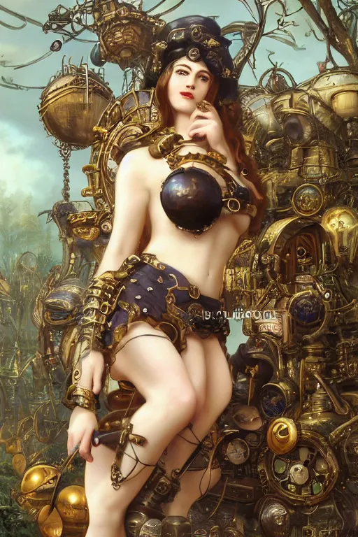 Prompt: beautiful moody portrait of a sexy voluptuous steampunk schoolgirl wearing a bikini armour of jewels and giant golden beetles holding a sword of destiny, giant mushrooms and vegetation in a forest , huge mechanical clocks in the background, intricate details, realistic shaded , steampunk, highly detailed, artstation, pretty pretty face, illustration by Greg Rutkowski and Ruan Jia and bouguereau, octane render, dynamic light, volumetric light, neon lights, cinematic mood