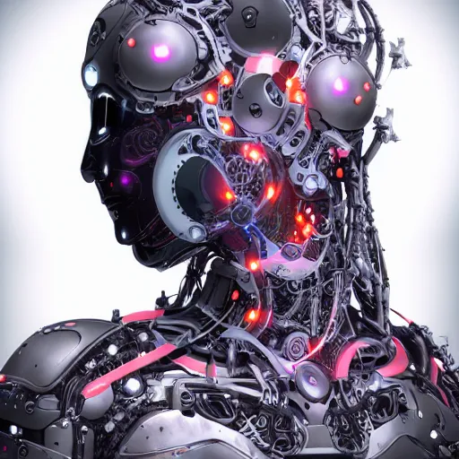 Image similar to An extremely beautiful biomechanical female looking robot with large Emoji tattoos, chimeric organism, pale skin, organic polycarbon, full frontal portrait, ex machina, highly detailed, mendelbrot fractal, ray tracing, hyperdetailed, hyperrealistic, oppai cyberpunk, octane render, hdri, 4k