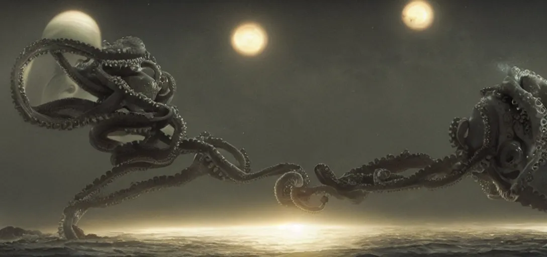 Image similar to a robotic octopus consuming jupiter, foggy, cinematic shot, photo still from movie by denis villeneuve, wayne barlowe