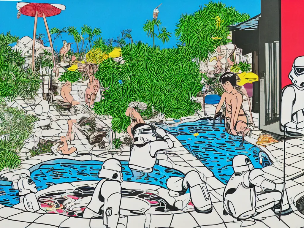 Image similar to hyperrealism composition of the japanese house with a hot springs in the garden, two detailed stormtroopers bathe in a hot spring, pop - art style, jacky tsai style, andy warhol style, roy lichtenstein style, round canvas, acrylic on canvas