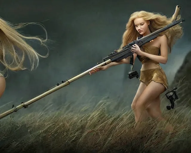 Prompt: disney princess with long blonde hair with m 9 0 sniper rifle on back : : weta disney pixar movie still photo : : hi - fructose, decadent highly - detailed digital painting, golden ratio, octane render, artstation, smooth, sharp focus, artgerm, mucha, loish, wlop