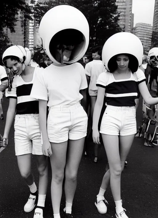 Prompt: realistic photo portrait of the university students wearing white shorts, dressed in white spherical helmets, fashion catwalk 1 9 9 0, life magazine reportage photo