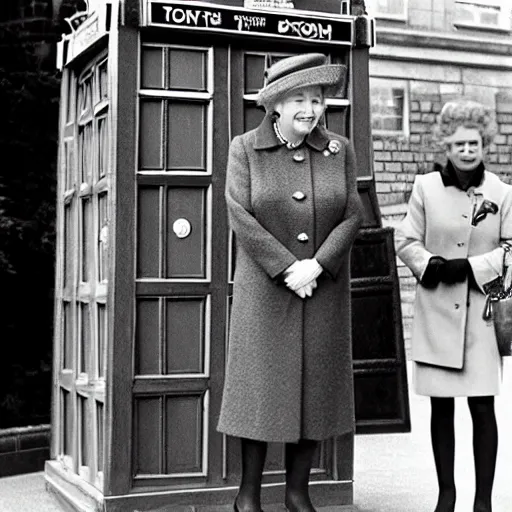 Prompt: Queen Elizabeth II standing on the street next to the Tardis
