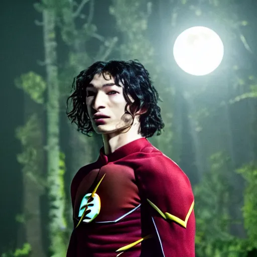 Image similar to terrifying ezra miller as flash forest scenery, full moon, illuminated lighting, highly detailed, 4 k