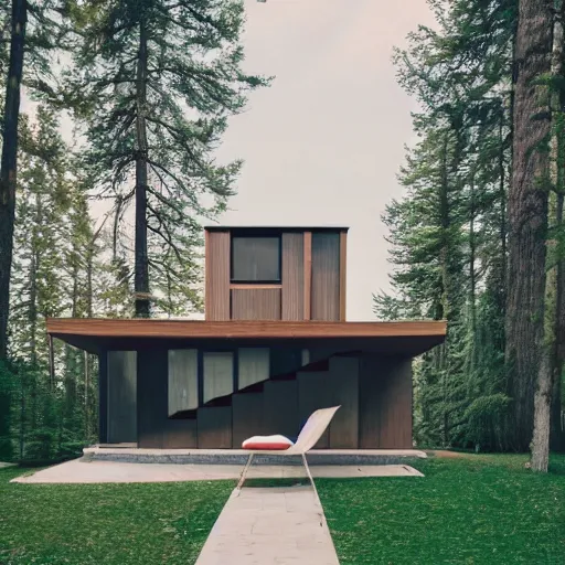 Image similar to wes anderson style modern house near the lake and forest, cinematic, realism, photo