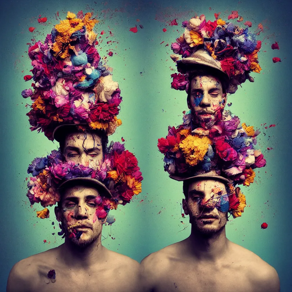 Image similar to an album cover of a man with a strange hat on his head by Alberto Seveso, behance contest winner, award winning, masterpiece, pop surrealism, made of flowers, surrealist-H 1024