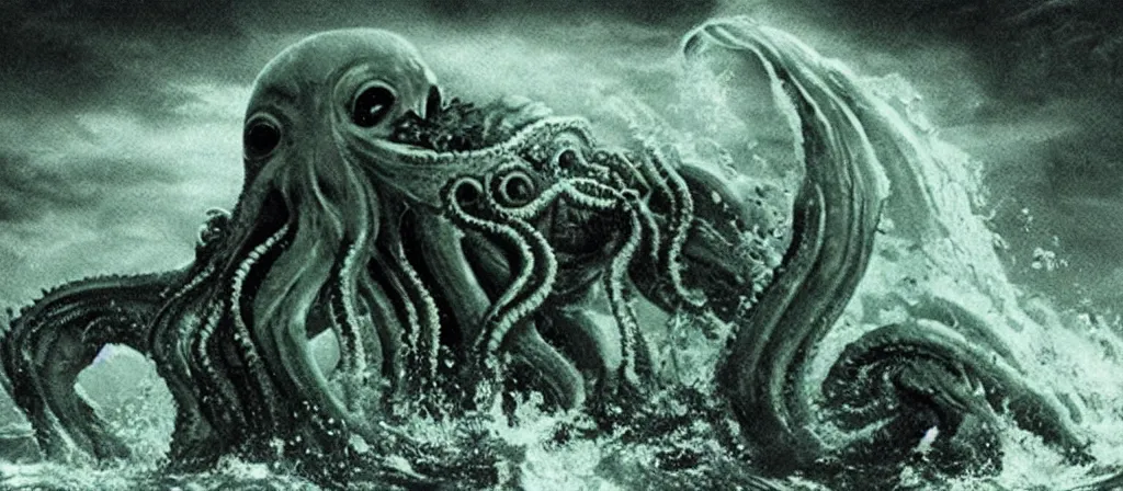 Image similar to A Still of one giant Cthulhu emerged from the ocean, water dripping off him, Cthulhu is gigantic, a tiny boat in the water beneath Cthulhu, you can see this from the beach looking out into a dark a storming ocean, Move shot film, gloomy