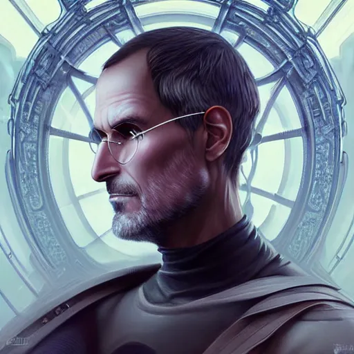 Prompt: beautiful ethereal cyberpunk steve jobs, art nouveau, fantasy, intricate binary and electronic designs, elegant, highly detailed, sharp focus, art by artgerm and greg rutkowski and wlop
