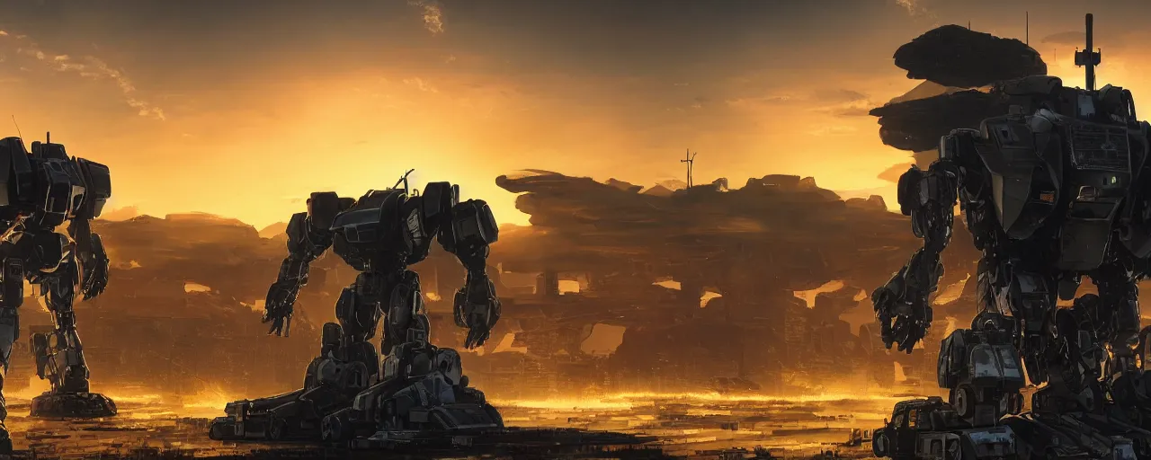 Image similar to A real photo of a giant mechwarrior robot and the sunset in the distance, by Josan Gonzalez, Yoji Shinkawa and Geof Darrow, highly detailed, Unreal Engine Render, 3D, 8k wallpaper