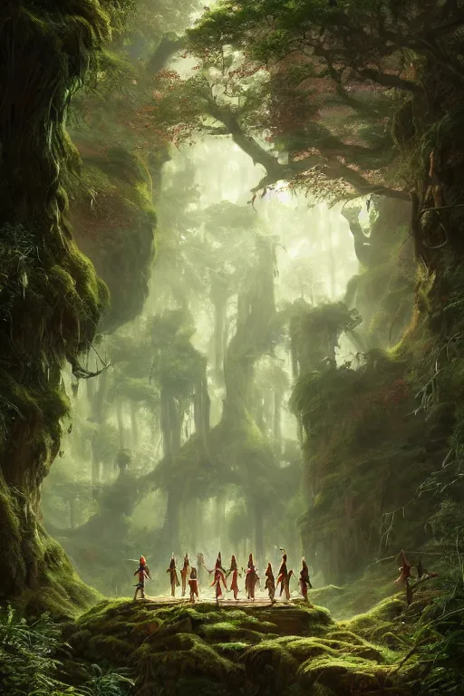 Image similar to a highly detailed matte painting of a group of young adventurers exploring elven ruins in a mystical forest, by studio ghibli, by artgerm, by wlop, by greg rutkowski, red tones, volumetric lighting, octane render, 4 k resolution, trending on artstation, masterpiece