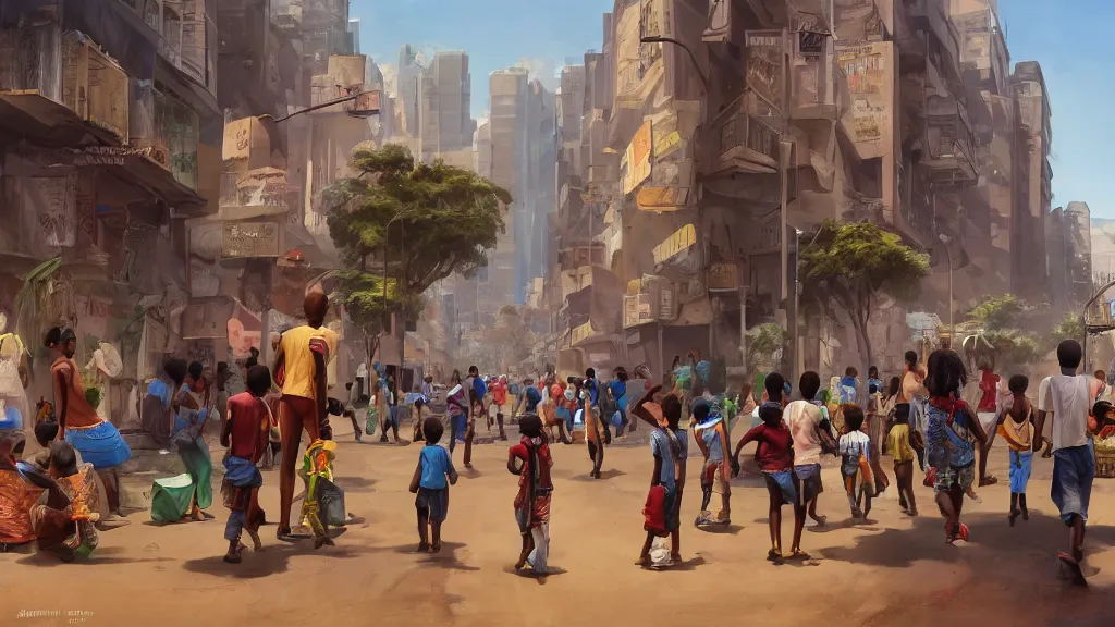 Image similar to street in a big african city, kids playing, summer, david febland, artstation, matte painting