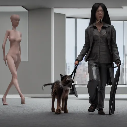 Image similar to Full lenght view contamporary art photography of ultra mega super hyper realistic girl walking with a dog . Photo on Leica Q2 Camera, Rendered in VRAY and DaVinci Resolve and MAXWELL and LUMION 3D, Volumetric natural light. Wearing cyberpunk suit with many details by Hiromasa Ogura .Rendered in VRAY and DaVinci Resolve and MAXWELL and LUMION 3D, Volumetric natural light