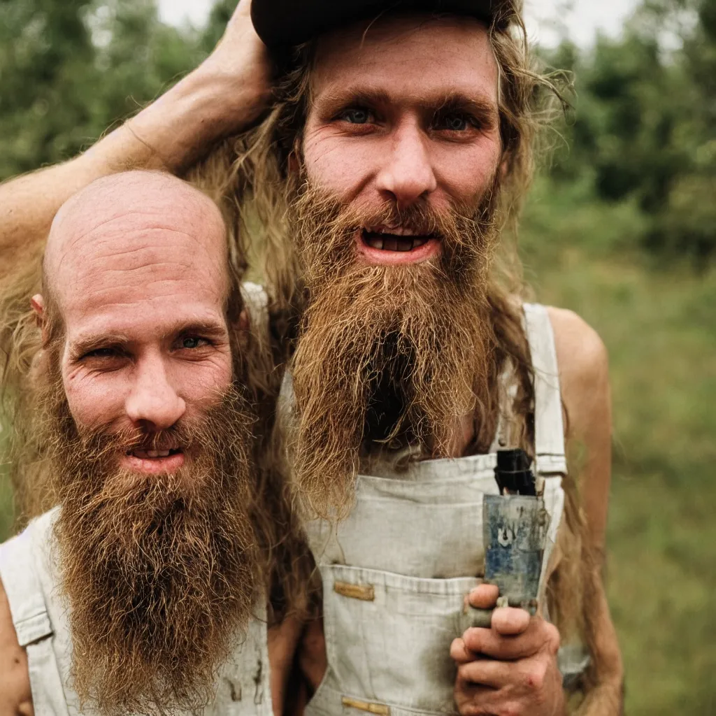 Image similar to extremely skinny malnourished redneck white male with long beard, wearing dirty overalls, dirty greasy face, grin, portrait, close up, kodak gold 2 0 0, 5 0 mm,