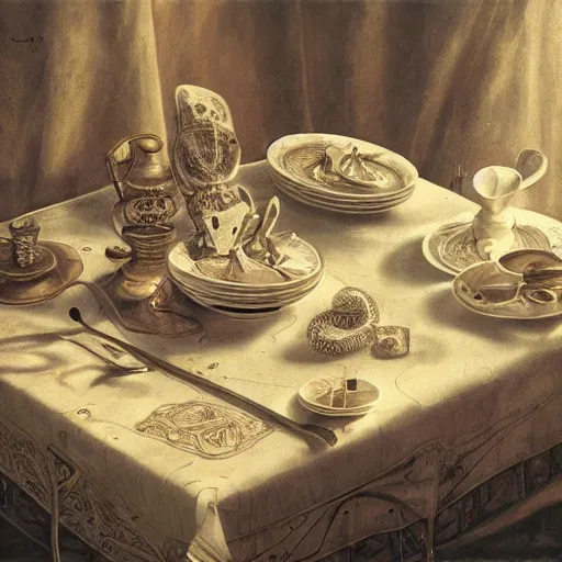 Prompt: cyborg body parts on a table with an ornate patterned tablecloth, beautiful still life painting by lucien levy - dhurmer, moody lighting, side light