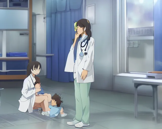 Image similar to a cute young female doctor wearing white coat are talking to a little baby in blue shirt in a hospital, slice of life anime, lighting, anime scenery by Makoto shinkai