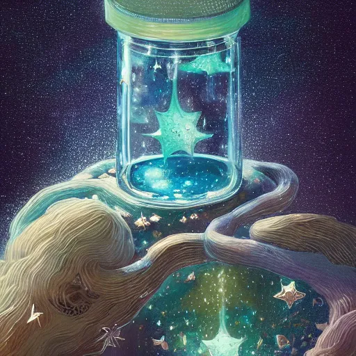 Prompt: a detailed photo portrait of a jar glass full of stars, by victo ngai and justin gerard, digital art, realistic painting, very detailed, sharp focus, fantasy, dnd, trending on artstation'shot with hasselblad, octane render