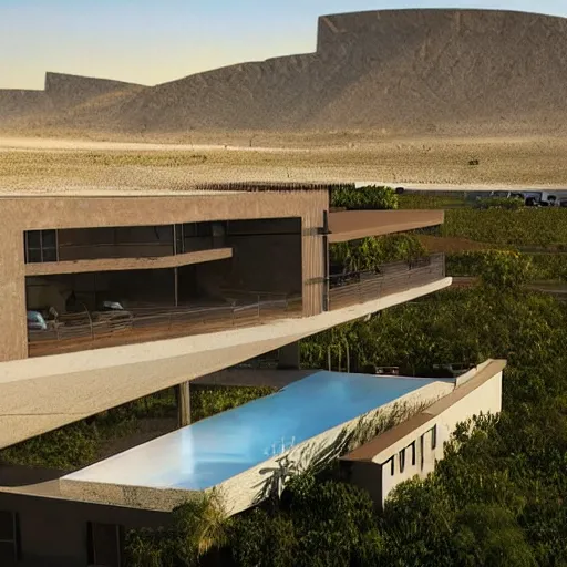 Image similar to natural modern hotel in the desert, high detaild, realistic, golden ratio