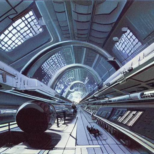 Image similar to ultra wide angle interior view of a space station, hanging gardens, oxen, by syd mead