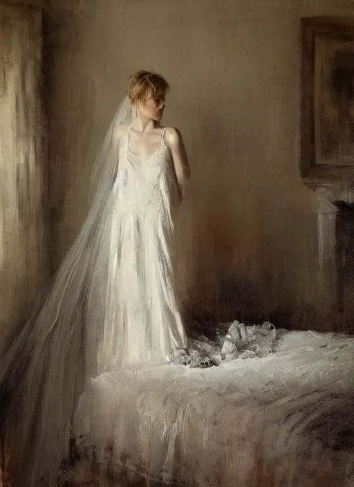 Prompt: portrait painting of a woman posing in an artistic over a bed, white lace wedding dress by jeremy mann, only one head single portrait