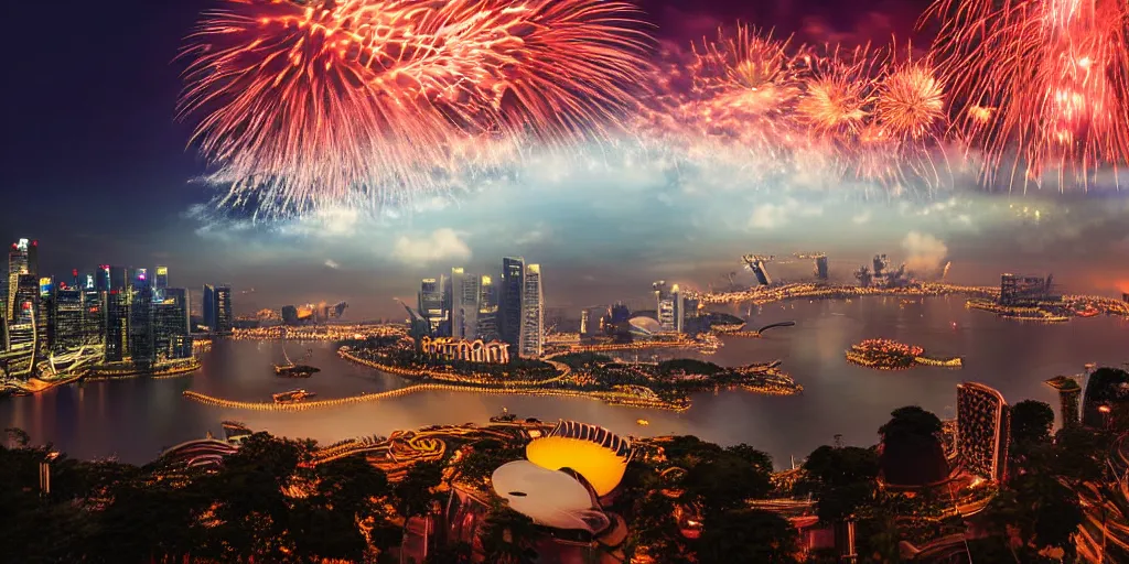 Prompt: Singapore city with a lion-shaped cloud in the sky and fireworks in the sky, by Studio Ghibli, red and white lighting, digital art, ultra realistic, ultra detailed, photorealistic, 4k, character concept
