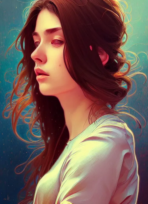 Image similar to handsome young women with shoulder length brown hair, half body shot, path traced, highly detailed, high quality, digital painting, alena aenami, lilia alvarado, shinji aramaki, karol bak, alphonse mucha, tom bagshaw