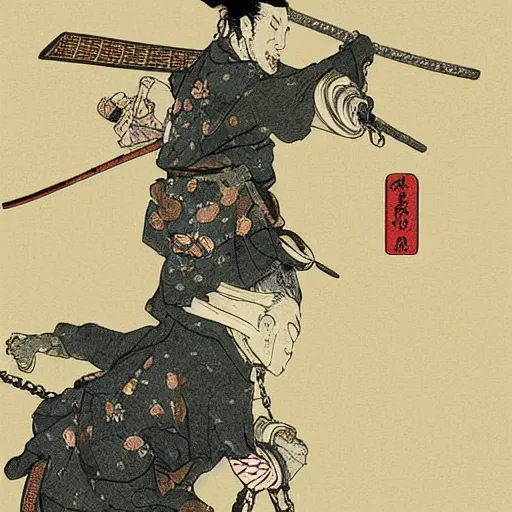 Prompt: by hokusai, samurai man vagabond, the samurai holds chains, detailed, editorial illustration, matte print, concept art, ink style, sketch, digital 2 d