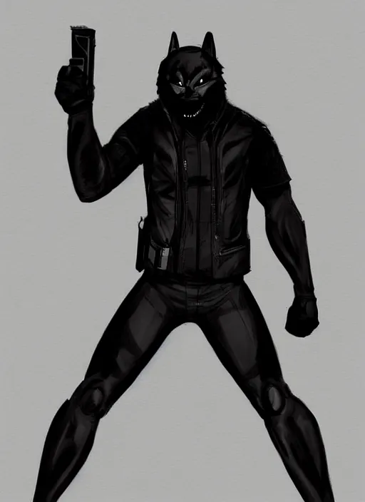 Prompt: concept art of a comic book character wearing a full body black spandex with white eyes, and drawn sharp teeth on the jaw. wearing a black leather jacket. holding a glock. hd. artstation. digital painting.