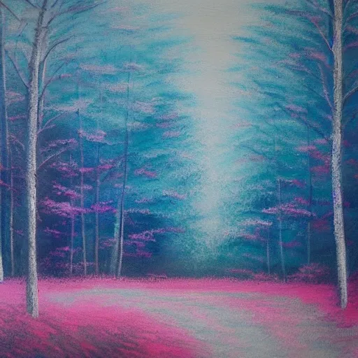 Prompt: landscape painting soft pastel colors blue pink white sky with white pink blue ground forest simple