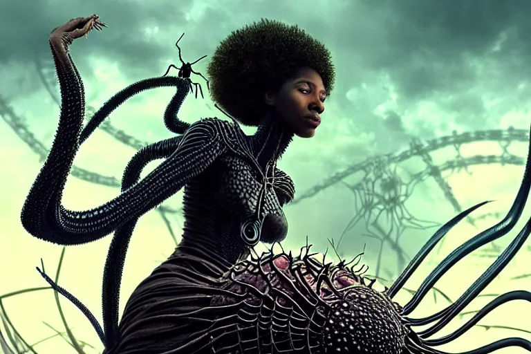 Image similar to realistic detailed closeup portrait movie shot of a beautiful black woman riding a giant spider, dystopian city landscape background by denis villeneuve, amano, yves tanguy, alphonse mucha, max ernst, ernst haeckel, edward robert hughes, roger dean, cyber necklace, rich moody colours, sci fi patterns, wide angle