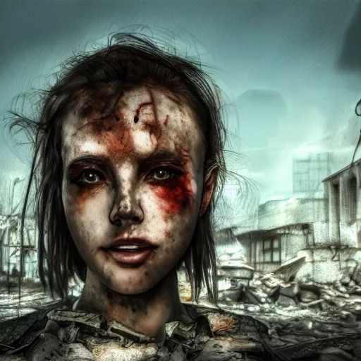 Prompt: pretty face, wide angle lens, photorealistic, 4k, background of destroyed city, post apocalyptic landscape, steakpunk, soft lighting, portrait