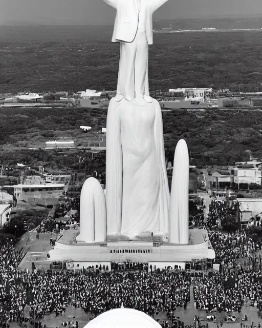 Prompt: a gigantic 1000 foot tall white marble statue of president Donald trump giving his thumbs up sign, dwarfs thousands of onlookers on a beach, as a fleet of Silver Flying saucers watch from above, cinematic