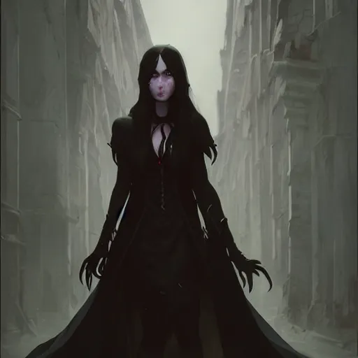 Image similar to female human vampire witch in the style of greg rutkowski, makoto shinkai, trending on artstation, character design, concept art, pretty face, highly detailed, long black hair, portrait, digital art