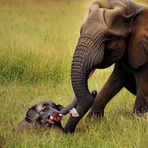 Prompt: a photo of a dog taking bites out of a dying elephant, 4 k