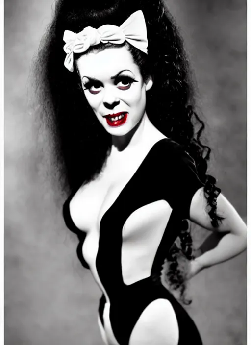 Image similar to pin - up photography of the bride of frankenstein, flash photography,