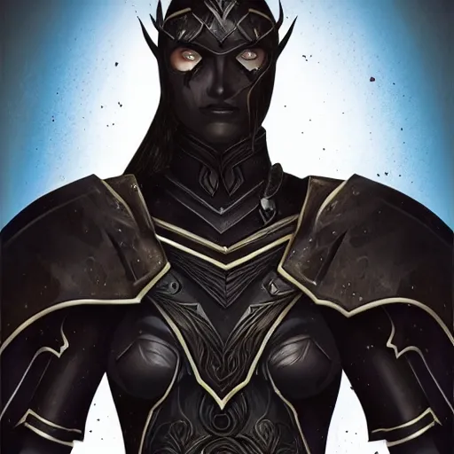 Image similar to female half-elf paladin of the raven queen in black armor with a shield, black hair, clear face, dark eyes, digital illustration