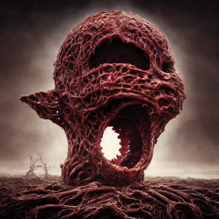 Prompt: ribbed surreal abandoned alien face on exoplanet, covered in organic flesh meat, in a desolate empty wasteland, creepy, nightmare, dream-like heavy atmosphere, surreal abandoned buildings, beautiful detailed intricate insanely detailed octane render trending on Artstation, 8K artistic photography, photorealistic, chiaroscuro, Raphael, Caravaggio, Beksinski, Giger