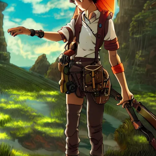 Image similar to girl with steampunk weapons and a steampunk prosthetic left arm, studio ghibli, anime, extremely detailed, landscape background, waterfall, trees, clouds, sky, cinematic lighting,