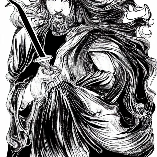 Image similar to black and white pen and ink!!!!!!! Leonardo Di Caprio handsome cosmic space robes flowing royal hair golden!!!! Vagabond!!!!!!!! floating magic swordsman!!!! glides through a beautiful!!!!!!! liquid magic floral crystal battlefield dramatic esoteric!!!!!! Long hair flowing dancing illustrated in high detail!!!!!!!! by Moebius and Hiroya Oku!!!!!!!!! graphic novel published on 2049 award winning!!!! full body portrait!!!!! action exposition manga panel black and white Shonen Jump issue by David Lynch eraserhead and beautiful line art Hirohiko Araki!! Rossetti, Millais, Mucha, Jojo's Bizzare Adventure