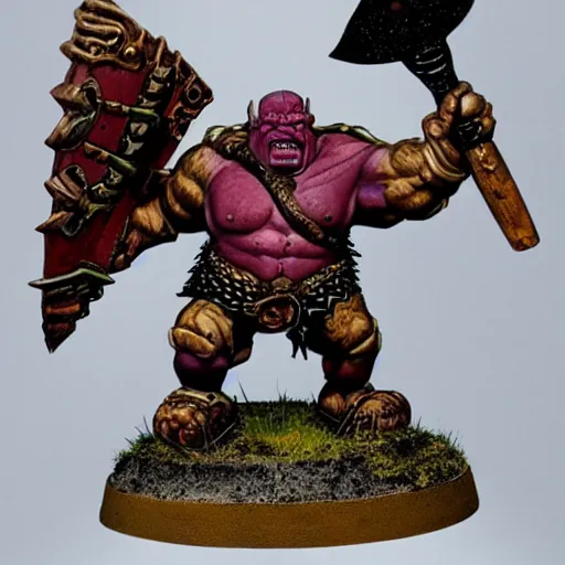 Image similar to ogre warrior wearing plated armor who is holding a battle axe in the style of warhammer fantasy : : head and torso oil painting