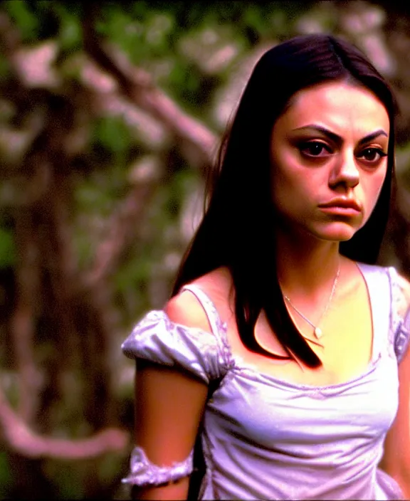 Prompt: acid-processed film still of 18 year old Mila Kunis as Juliet from Romeo and Juliet looking at the camera with tired eyes. soft detailed film still at 16K resolution and amazingly epic visuals. epically luminous image. amazing lighting effect, image looks gorgeously crisp as far as it's visual fidelity goes, absolutely outstanding image. perfect film clarity. ultra image detail. iridescent image lighting. mind-breaking atmosphere. mega-beautiful pencil image shadowing. beautifully serene face. Ultra High Definition image. soft image shading. soft image texture. intensely beautiful image. large format picture. intricately detailed with Norse runes.