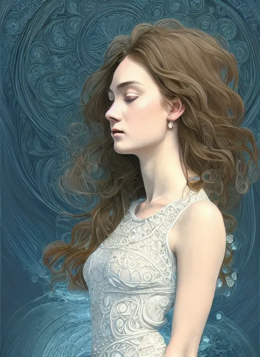 Image similar to long shot, woman posing, short wavy hair, round face, intricate white dress, cottagecore!!, inside water, intricate, enlightened, highly detailed, digital painting, artstation, concept art, smooth, sharp focus, illustration, inspired by artgerm, by marat safin, and alphonse mucha